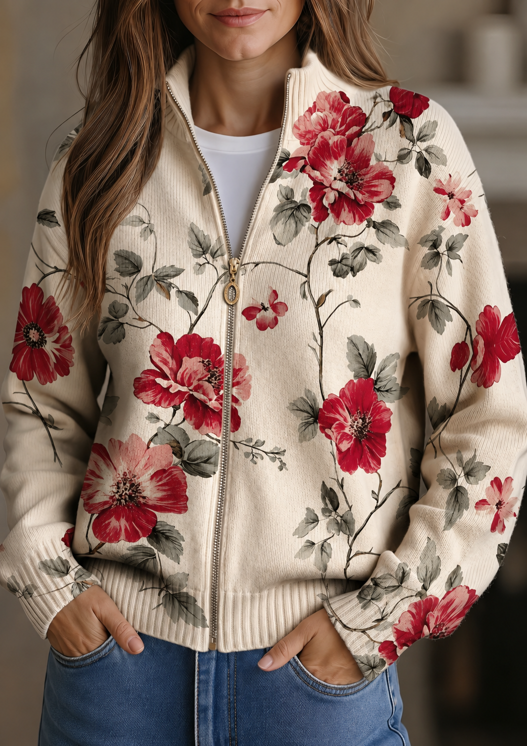 Damen-Vintage-Strickjacken mit Reißverschluss