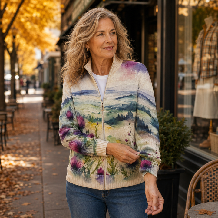 Zelda – Strickjacke mit schottischem Distelmotiv und Reißverschluss