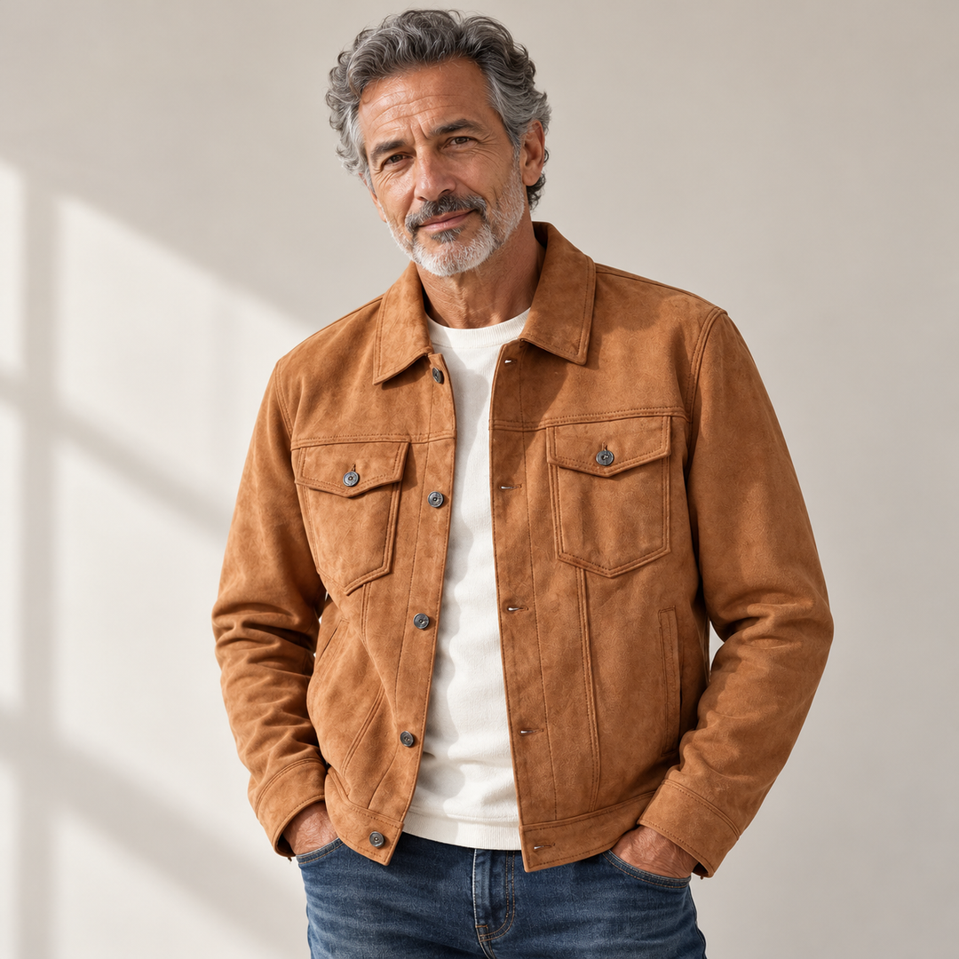 Ardesia Retro Suede - Vielseitige Herrenjacke getragen von einem Mann ab 55 Jahren
