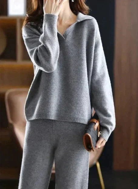 Women's Collared Knit Top and Trousers Co-ord Set
