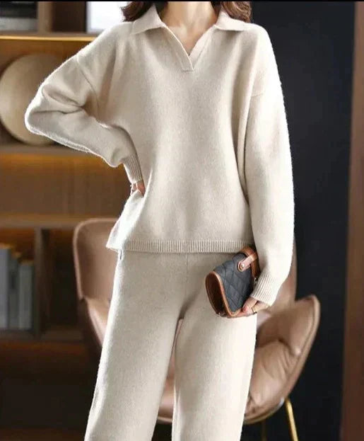 Women's Collared Knit Top and Trousers Co-ord Set