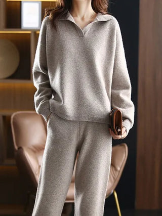 Women's Collared Knit Top and Trousers Co-ord Set