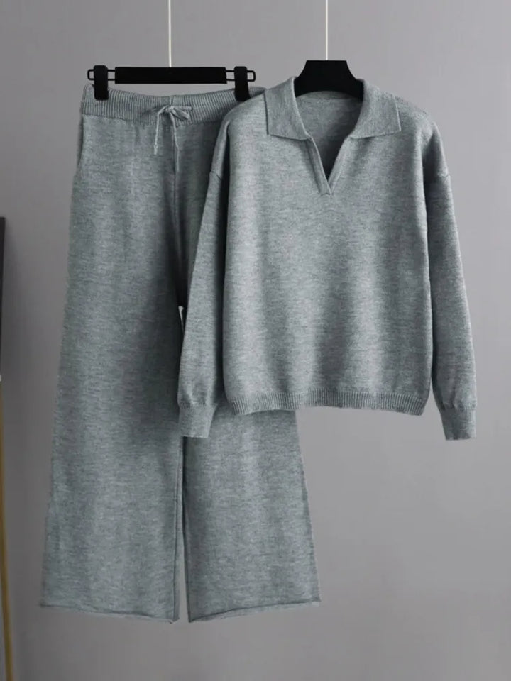 Women's Collared Knit Top and Trousers Co-ord Set