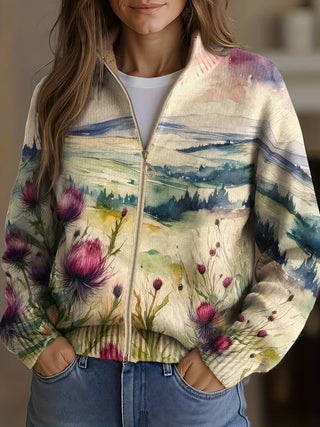 Zelda – Strickjacke mit schottischem Distelmotiv und Reißverschluss