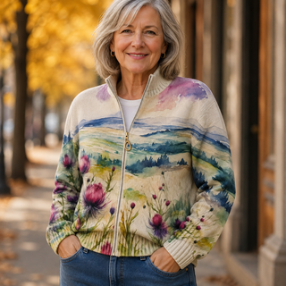 Zelda – Strickjacke mit schottischem Distelmotiv und Reißverschluss