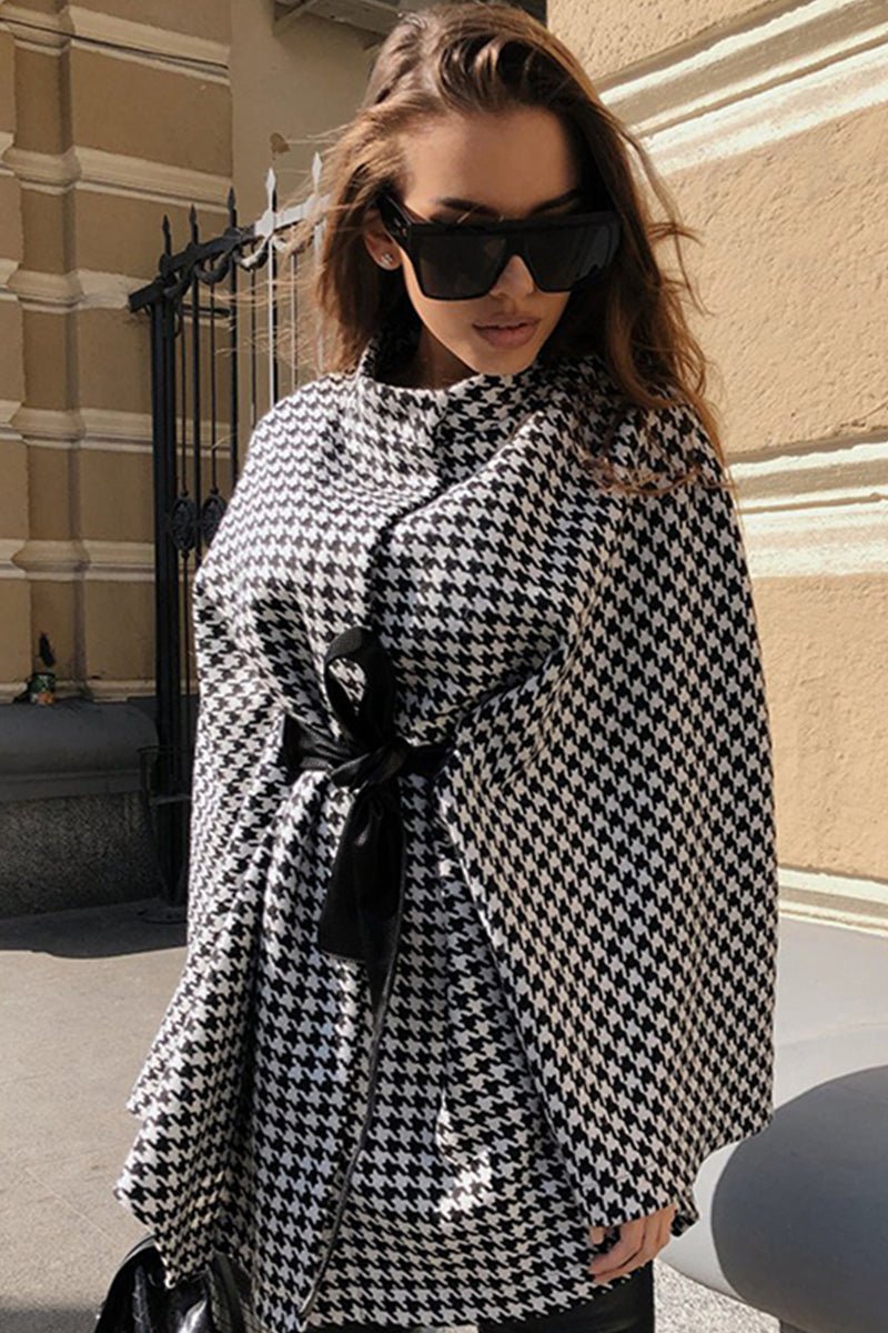 Women's Houndstooth Cape Coat with Belt and Wrap Front