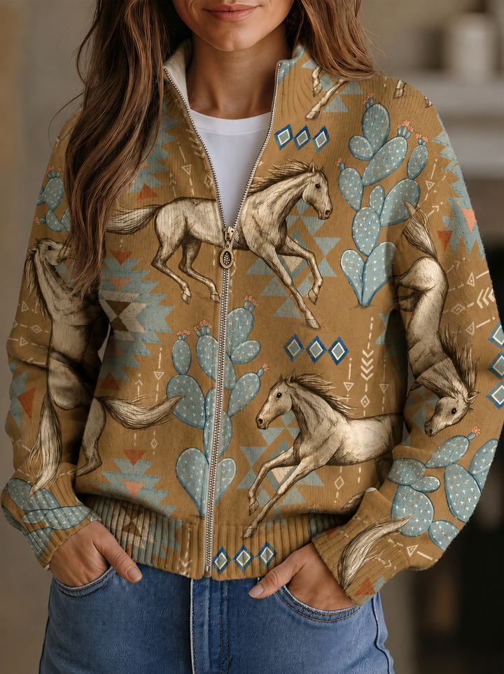 Jade – Strickjacke mit Wüstenmotiv und Reißverschluss
