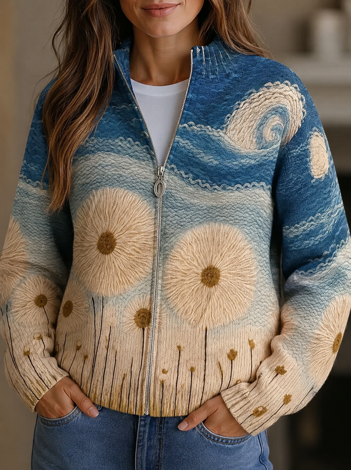 Adeline – Strickjacke mit Sonnenblumenmuster und Reißverschluss