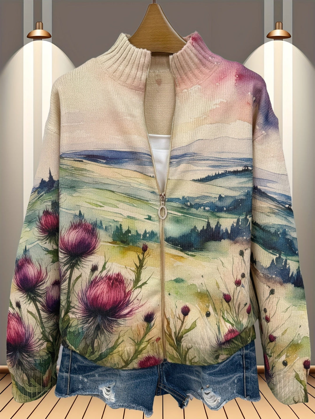 Zelda – Strickjacke mit schottischem Distelmotiv und Reißverschluss