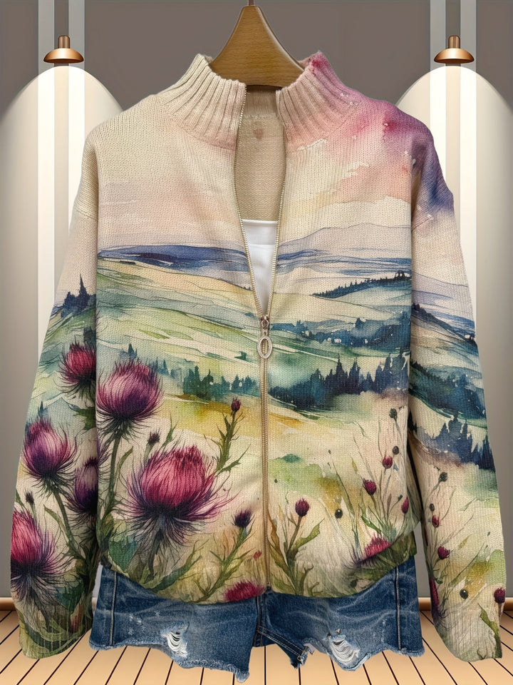 Zelda – Strickjacke mit schottischem Distelmotiv und Reißverschluss