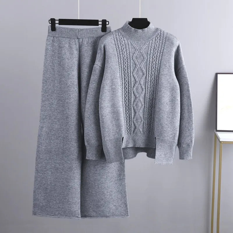Women's Cable-Knit Loungewear Set with Mock Neck Jumper