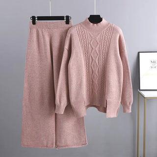 Women's Cable-Knit Loungewear Set with Mock Neck Jumper