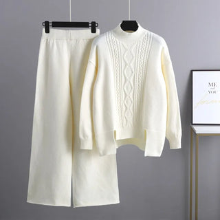 Women's Cable-Knit Loungewear Set with Mock Neck Jumper
