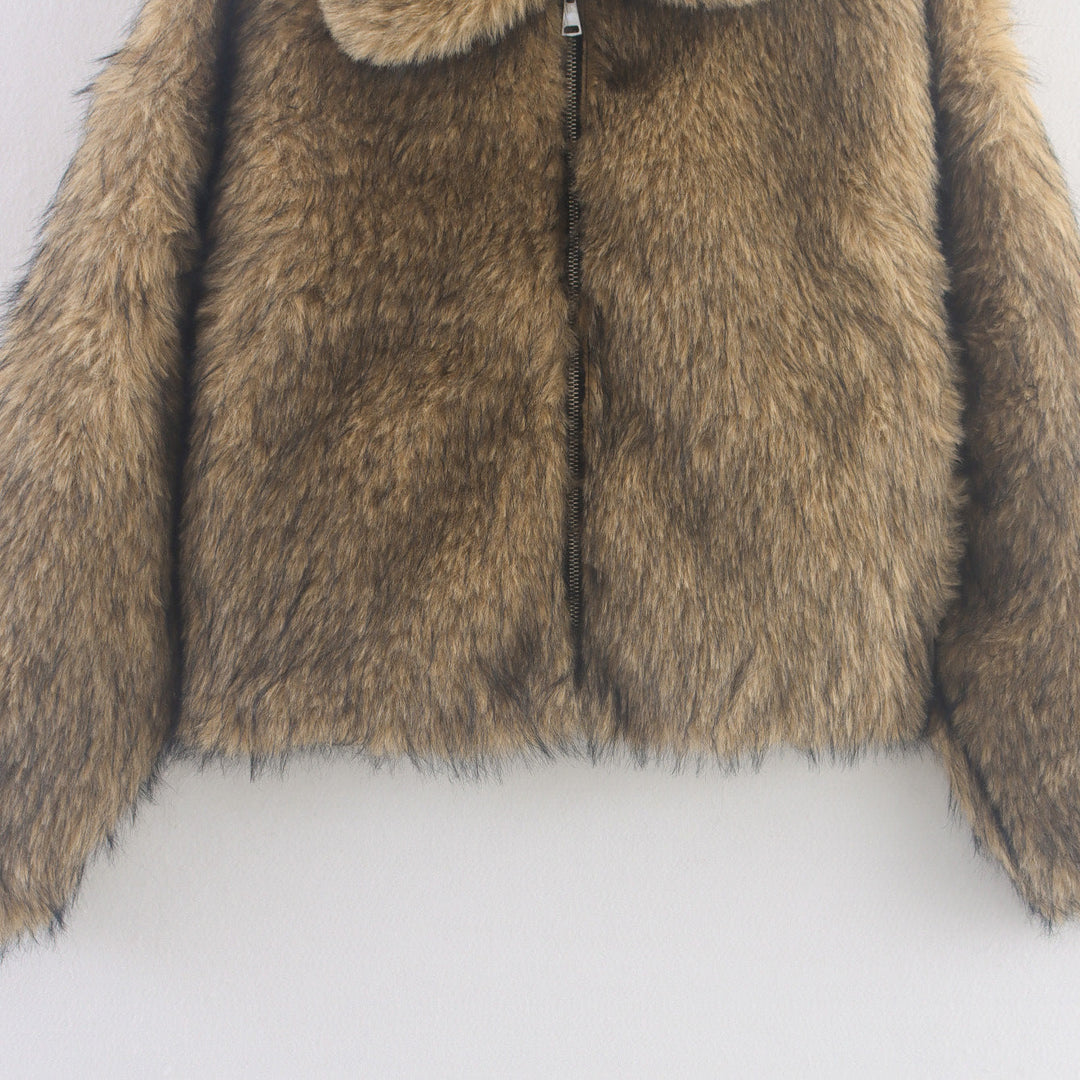 Women's Faux Fur Jacket with Oversized Collar and Zip Front