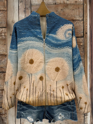 Adeline – Strickjacke mit Sonnenblumenmuster und Reißverschluss