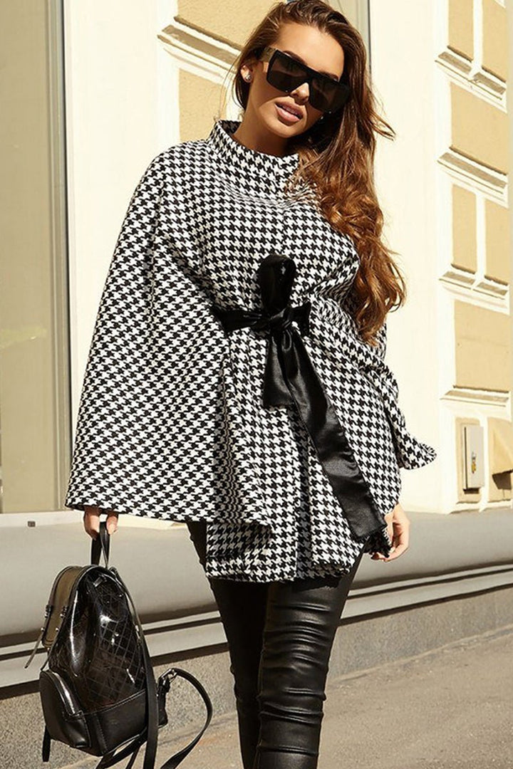 Women's Houndstooth Cape Coat with Belt and Wrap Front