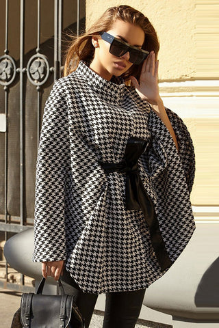 Women's Houndstooth Cape Coat with Belt and Wrap Front