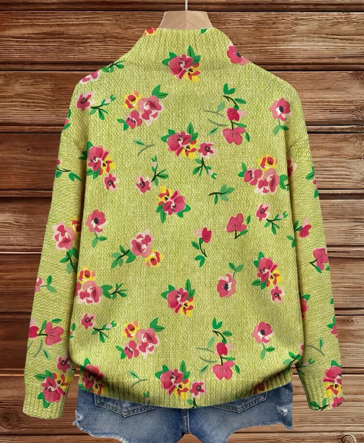 Ava – Strickjacke mit pinkem Blumenmuster und Reißverschluss