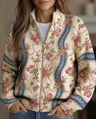Kennedy – Strickjacke mit rankenden Rosen und Reißverschluss