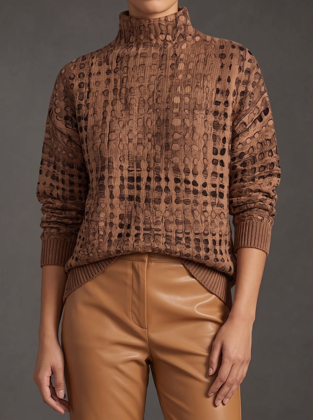 Marnie - Kastanienbrauner Rollkragenpullover mit Gittermuster - Produktansicht 1