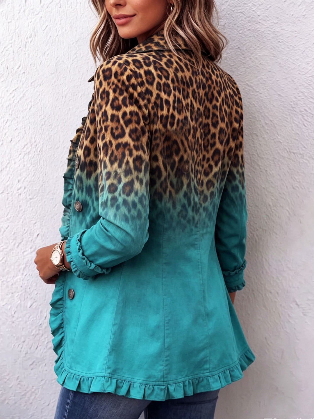 Elspeth – Rüschenjacke mit Leoparden-Farbverlauf