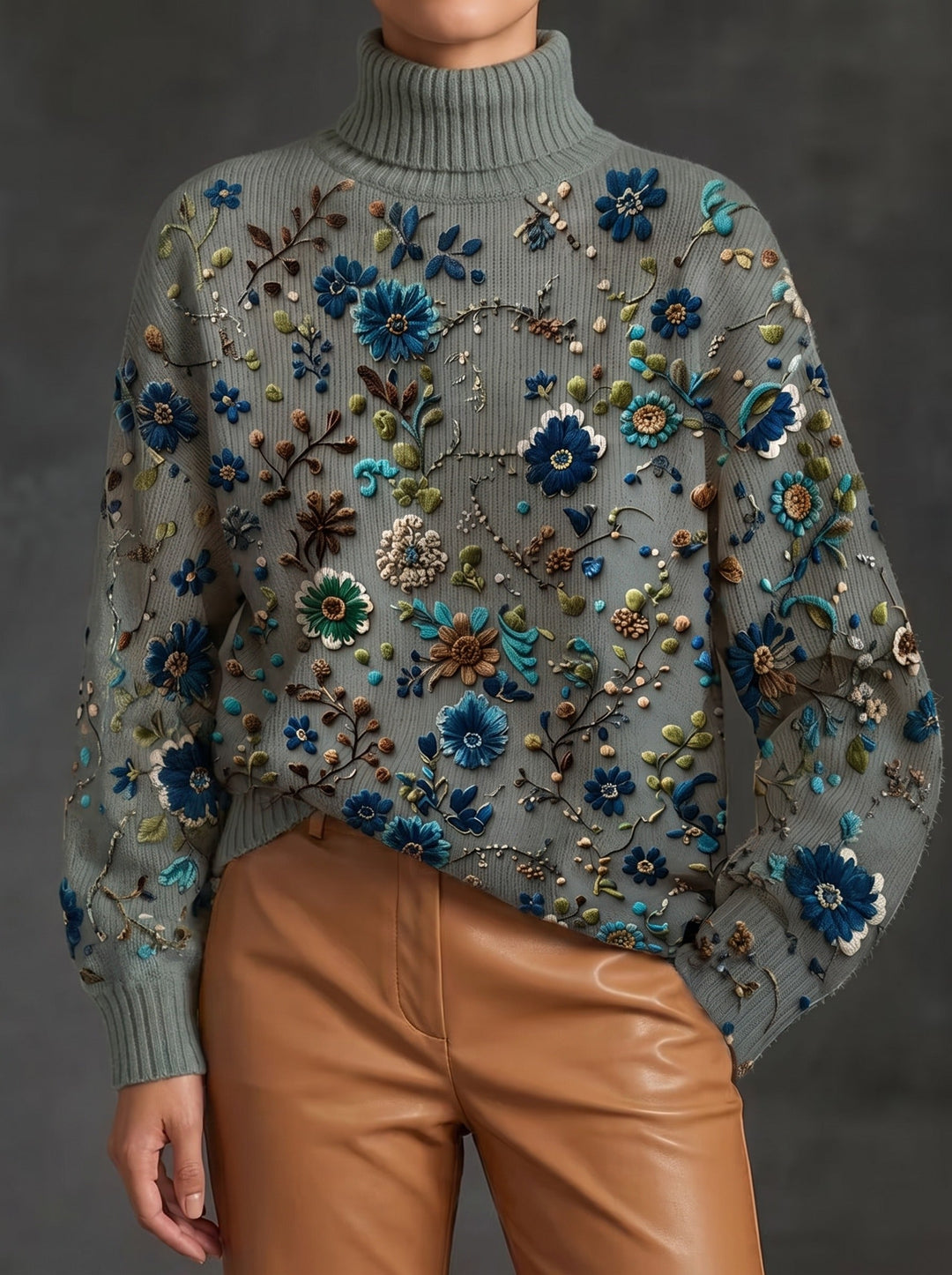 Thalassa - Salbeifarbener Rollkragenpullover mit Blütenmuster - Produktansicht 1